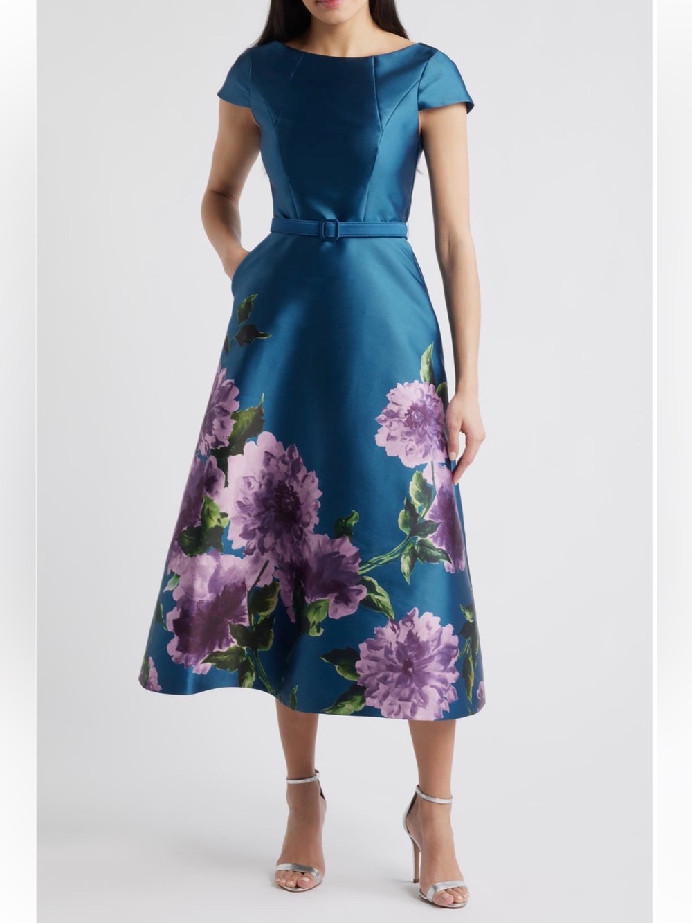 Kay Unger Ina Belted Cocktail Floral Midi Dress